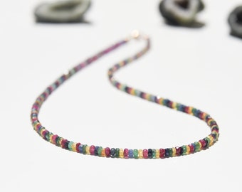 Multicolor Sapphire and 14k gold necklace, faceted Sapphire and solid 14 karat gold beaded choker necklace