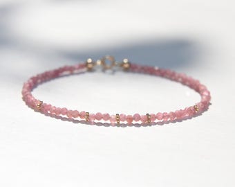 Pink Tourmaline and solid gold bracelet, faceted pink Tourmaline gemstones with solid 14 karat gold beaded dainty skinny minimalist bracelet