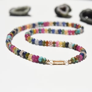 Sapphire, Turquoise, Tourmaline and 14k gold necklace,  Natural gemstone necklace with solid 14 karat gold enhancer clasp.  Add your charms!