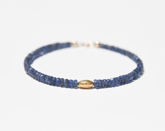 Blue Sapphire and solid gold bracelet,  Burmese faceted Sapphire gemstone and 18k gold bracelet with 14k closure, minimalist luxury jewelry