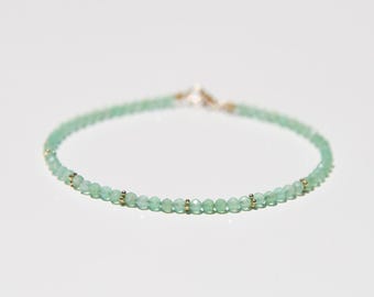 Chrysoprase and solid 14k bracelet, green Austrailian Chrysoprase and solid 14 karat gold beaded dainty minimalist gemstone bracelet