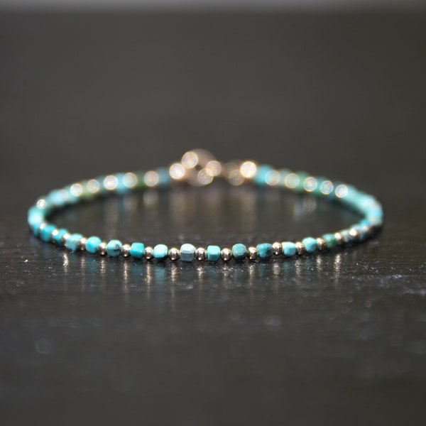 Turquoise and 14k gold bracelet, natural Turquoise and solid 14 karat gold skinny delicate dainty beaded bracelet