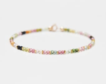 Tourmaline and 14k bracelet, multicolor green pink gemstone and solid 14 karat gold dainty delicate minimalist bracelet