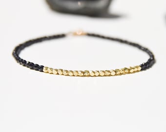 Solid 14k gold and black Spinel bracelet, 14 karat gold Bali style hand cast nuggets and black gemstone minimalist beaded bracelet