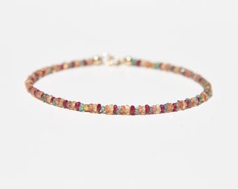 Ruby, Emerald, Sapphire and 18 karat gold beaded dainty minimalist multicolor bracelet, gemstone and solid gold colorful bracelet