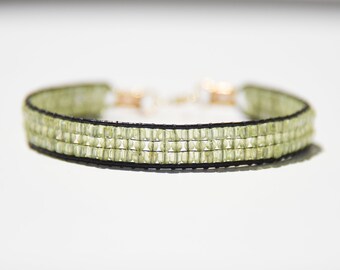 Peridot, leather, and gold vermeil bracelet, green natural gemstone and gold vermeil (gold over silver) loom woven beaded wrap bracelet