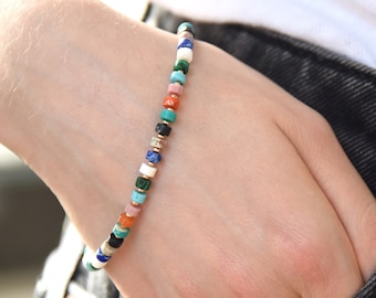Mixed gemstone and solid 14k gold bead bracelet. Colorful and fun solid 14 karat gold,  Lapis, Malachite, Carnelian. Chic pop of color.