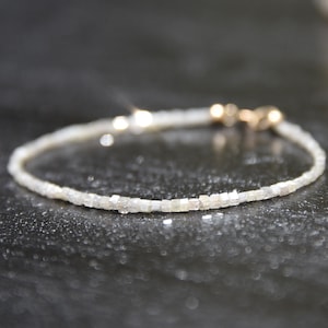 White diamond and solid 14k gold beaded bracelet, modern minimalist faceted cube cut natural diamond tennis bracelet
