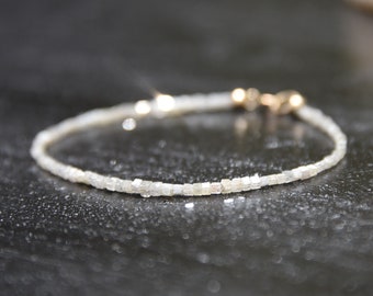 White diamond and solid 14k gold beaded bracelet, modern minimalist faceted cube cut natural diamond tennis bracelet