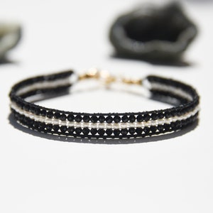 Natural Pearl, solid 14k gold, and black Tourmaline bracelet, gemstone woven bead bracelet with black leather, elevated luxury wrap bracelet