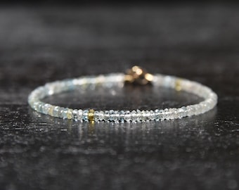 Pale Aquamarine and solid gold bracelet, pastel blue and yellow gemstone and solid 14 karat gold minimalist bracelet