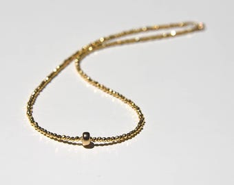 Golden Pyrite and solid 14 karat gold necklace, Pyrite gemstone beaded choker with solid gold rondelle and 14k clasp