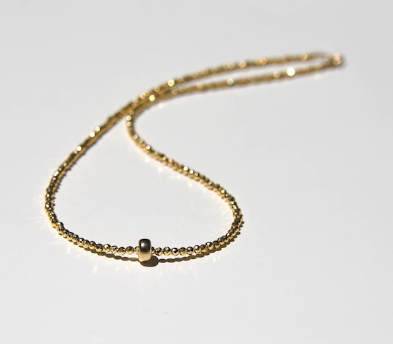 Golden Pyrite and solid 14 karat gold necklace, Pyrite gemstone beaded choker with solid gold rondelle and 14k clasp