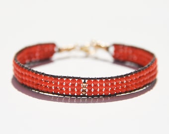 Coral and solid 14k gold bead bracelet, loom woven natural red Italian Coral and solid gold, leather, and 14 karat gold luxury wrap bracelet