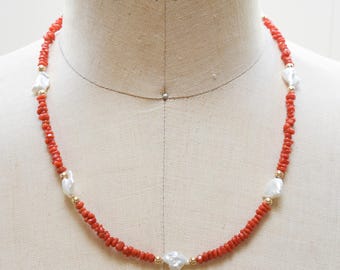 Italian Coral, Keshi Pearl, and solid gold necklace, beachy beaded natural red Coral nuggets, Pearl and 14k gold necklace
