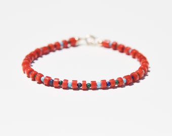 Coral, Turquoise, Lapis, Malachite and solid 14 karat gold bracelet, natural Italian Coral and mixed gemstone bracelet, pop of color!