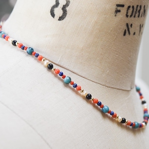Mixed gemstone and solid 14k gold necklace, Italian Coral, Turquoise, Pearl, Lapis Lazuli, black Tourmaline and 14 karat gold beaded choker