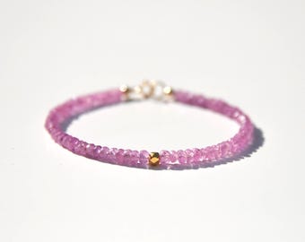 Pink Sapphire and solid 14k gold bracelet, pink faceted gemstone and solid 14 karat gold beaded minimalist bracelet