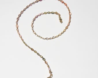 Tourmaline and solid 14k gold necklace, pale pink, peach, and green gemstone gold choker, with solid 14 karat gold albert clasps dog clips