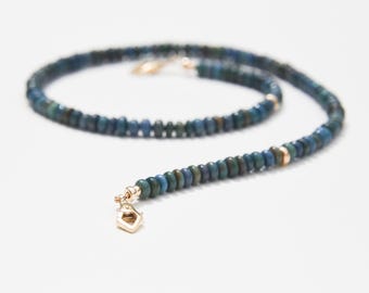 Black opal and solid 14 karat gold necklace, smooth 6mm natural black opal gemstone beads with solid gold marquise clasps luxury necklace