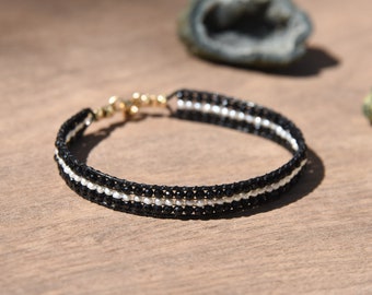 Pearl and sparkling black Tourmaline bracelet, "Coco" gemstone woven bead bracelet edged in black leather, finished in solid 14 karat gold