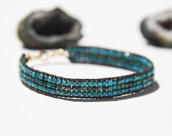 Chrysocolla and solid 14k gold bracelet.  Bluegreen Chrysocolla Shattuckite loom woven gemstone with brown leather and solid 14 karat gold