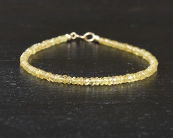 Yellow Sapphire and solid gold bracelet, faceted gemstone and solid 14 karat gold minimalist beaded bracelet