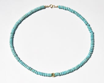 Turquoise and 18k gold choker necklace, faceted Arizona Turquoise with solid 18 karat gold cube and solid 14k gold clasp