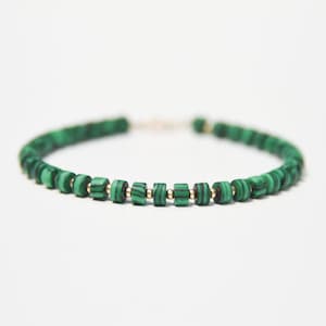 Malachite and gold bracelet.  Green gemstone Heishi beads and solid 14 karat gold beaded bracelet, minimalist, modern bracelet gift