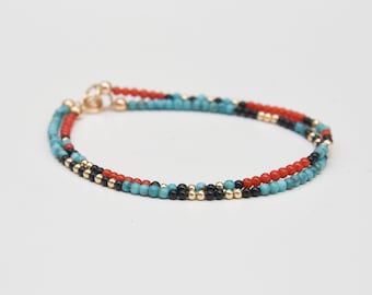 Coral, Turquoise, Black Onyx and Tourmaline and 14k gold bracelets. Solid 14k gold & gemstone layering beaded bracelet duo. Unisex jewelry.