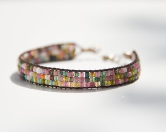 Multicolor Tourmaline  and Argentium sterling silver bracelet.  Pink and green gemstone loom woven beaded wrap bracelet.