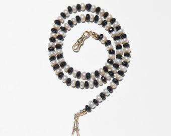 Pearl, black Spinel, and solid 14 karat gold necklace, gemstones and 14k albert swivel dog clips, black, white, gold jewelry statement piece