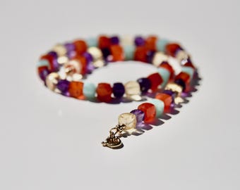 Carnelian, Amethyst, Citrine, Amazonite, and 14k gold beaded choker necklace.  Faceted chunky multicolor gemstone cubes solid gold clasp.