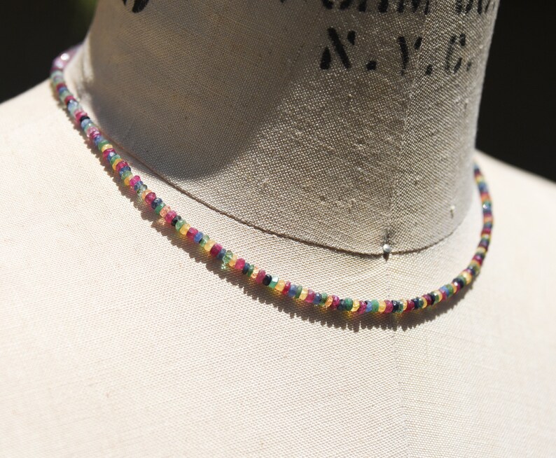 Pu&ograve; includere: Una collana di perline colorate con una variet&agrave; di piccole pietre preziose rotonde. La collana presenta uno spettro di colori, tra cui rosso, blu, verde e giallo. La collana &egrave; esposta su un manichino.