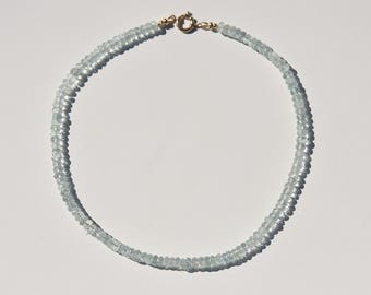 Aquamarine and solid 14k gold necklace, faceted light blue gemstone and 14 karat gold beaded minimalist necklace.