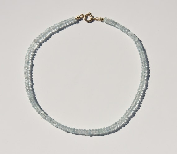 Aquamarine and solid 14k gold necklace, faceted light blue gemstone and 14 karat gold beaded minimalist necklace.