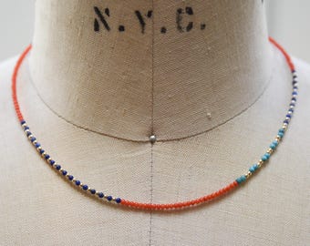 Italian Coral, 14 karat gold, Lapis and Turquoise choker necklace, mixed gemstone and 14k minimalist delicate beaded necklace