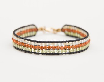 Peridot, Opal, Orange Garnet und 14k Gold Bead Armband, gemischtes Edelstein Loom gewebtes Sommer Wickelarmband, fertig in massivem 14 Karat Gold.
