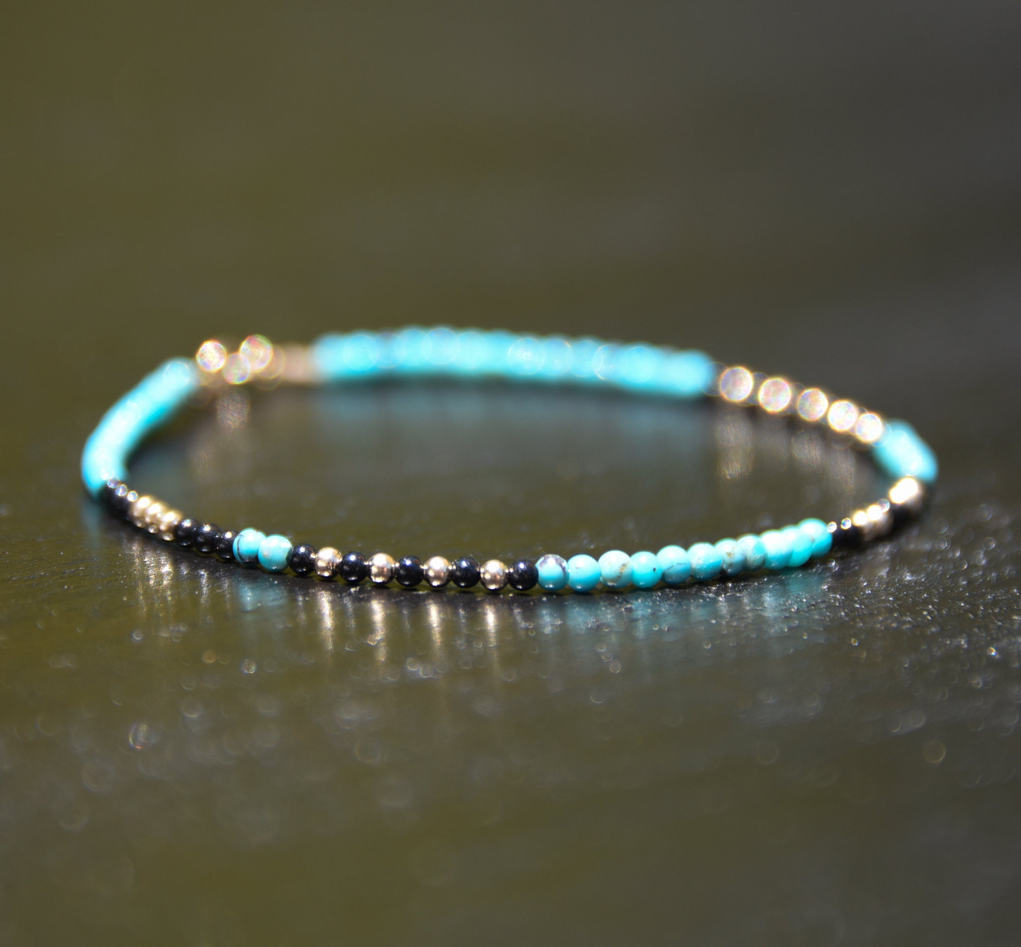 Turquoise, 14k gold and black Tourmaline bracelet, delicate, skinny gemstone and solid 14 karat gold beaded bracelet. Unisex jewelry.
