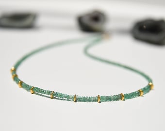 Emerald and 18k gold necklace, natural Zambian Emerald and solid 18k gold dainty beaded choker necklace with solid 14k gold closure.