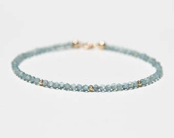 Blue Tourmaline and 14k gold bracelet, rare blue Indicolite gemstone and solid 14 karat gold beaded bracelet, dainty minimalist fine jewelry