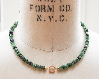 Ruby Zoisite and solid 14 karat gold necklace, green and red gemstone silk knotted bead and 14k connector choker for charm hanging