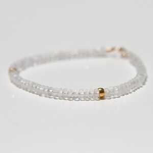 May include: Delicate white beaded bracelet with a gold accent bead. The bracelet is made of small, round, translucent beads strung together. The gold bead adds a touch of contrast and elegance to the minimalist design. The bracelet is shown on a white surface.