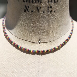 Pu&ograve; includere: Una delicata collana composta da piccole pietre preziose colorate. La collana presenta una vibrante gamma di colori, tra cui rosso, giallo, verde e blu, infilati insieme per creare un gioiello sottile ma accattivante. La collana &egrave; esposta su un manichino.