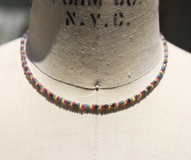 Pu&ograve; includere: Una delicata collana composta da piccole pietre preziose colorate. La collana presenta una vibrante gamma di colori, tra cui rosso, giallo, verde e blu, infilati insieme per creare un gioiello sottile ma accattivante. La collana &egrave; esposta su un manichino.