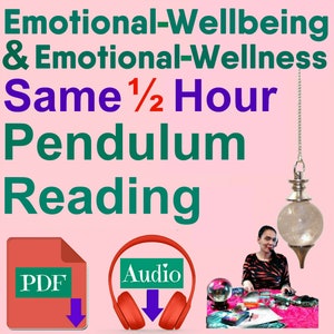 Könnte beinhalten: Ein rosa Hintergrund mit dem Text "Emotional-Wellbeing & Emotional-Wellness Same 1/2 Hour Pendulum Reading". Eine Frau sitzt an einem Tisch mit einer Kristallkugel und anderen Gegenständen. Ein Pendel hängt von der Decke. Das Bild enthält Symbole für einen PDF-Download und einen Audio-Download.