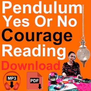 Könnte beinhalten: Eine Frau sitzt an einem Tisch mit einer Kristallkugel, Tarotkarten und anderen Wahrsageutensilien. Ein Pendel hängt von der Decke. Der Text auf dem Bild lautet "Pendel Ja oder Nein Mut-Lesung Download MP3 PDF".