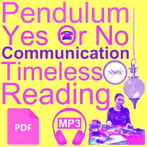 Könnte beinhalten: Ein gelber Hintergrund mit rosa Text, der "Pendel Ja oder Nein Kommunikation Zeitlose Lesung" lautet. Eine Frau sitzt vor einer Kristallkugel und einem Pendel. Der Text "PDF" und "MP3" ist ebenfalls sichtbar.