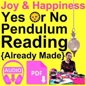 Może przedstawiać: Żółte tło z tekstem "Joy & Happiness Yes or No Pendulum Reading {Already Made}" w kolorze czarnym i różowym. Kryształowy wahadełko wisi na srebrnym łańcuchu. Kobieta siedzi przy stole z kryształową kulą i innymi narzędziami do wróżenia. Teksty "AUDIO" i "PDF" są w kolorze różowym ze strzałkami pobierania.