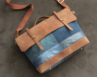 structured laptop style messenger bag satchel bag in pinwale corduroy and red denim Peacock Flower Ravenwood Bag
